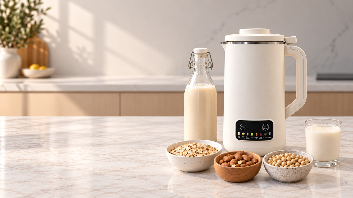 The Maker plant milk machine with oats, almonds, soy beans and fresh milk